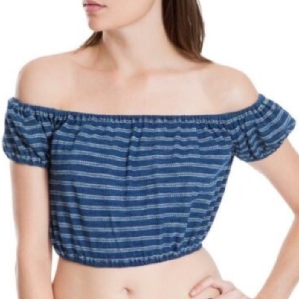 [Max Studio] NEW Crop Off Shoulder Denim Striped